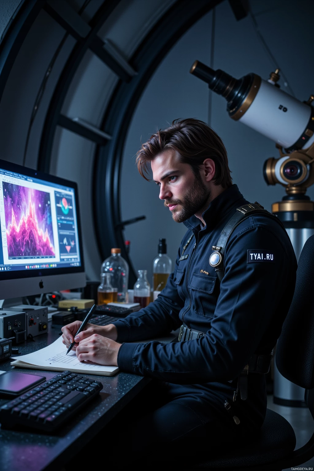 A man in a uniform is working at a desk with a computer and a telescope in the background.