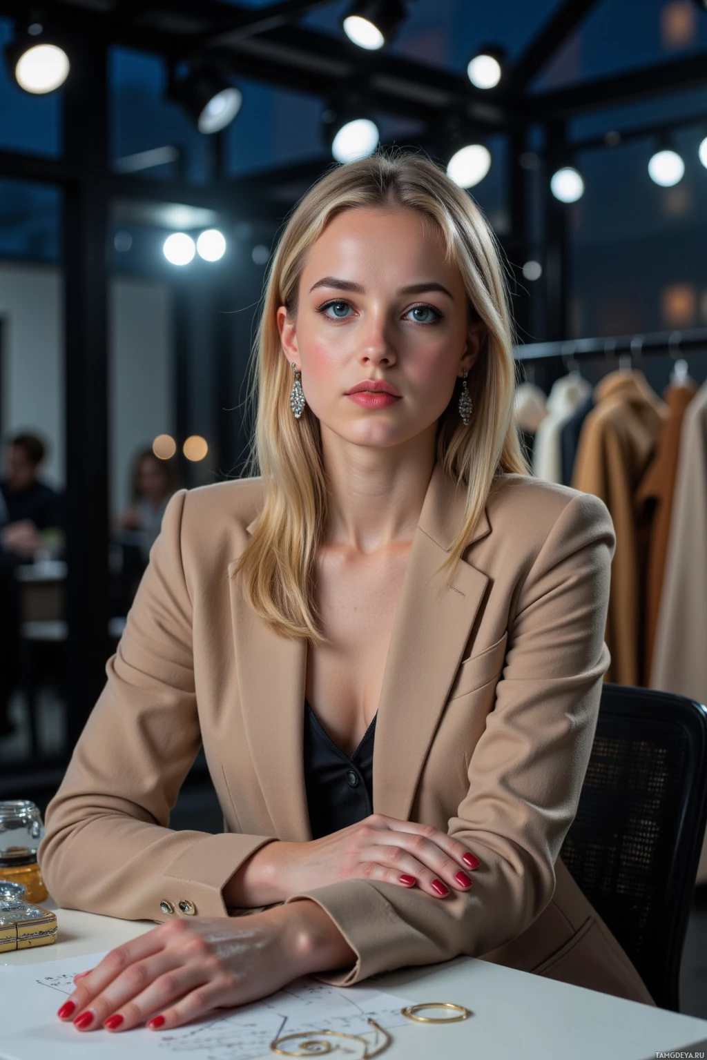 A woman in a professional setting, wearing a beige blazer and black top, sits at a desk with her hands resting on the surface.