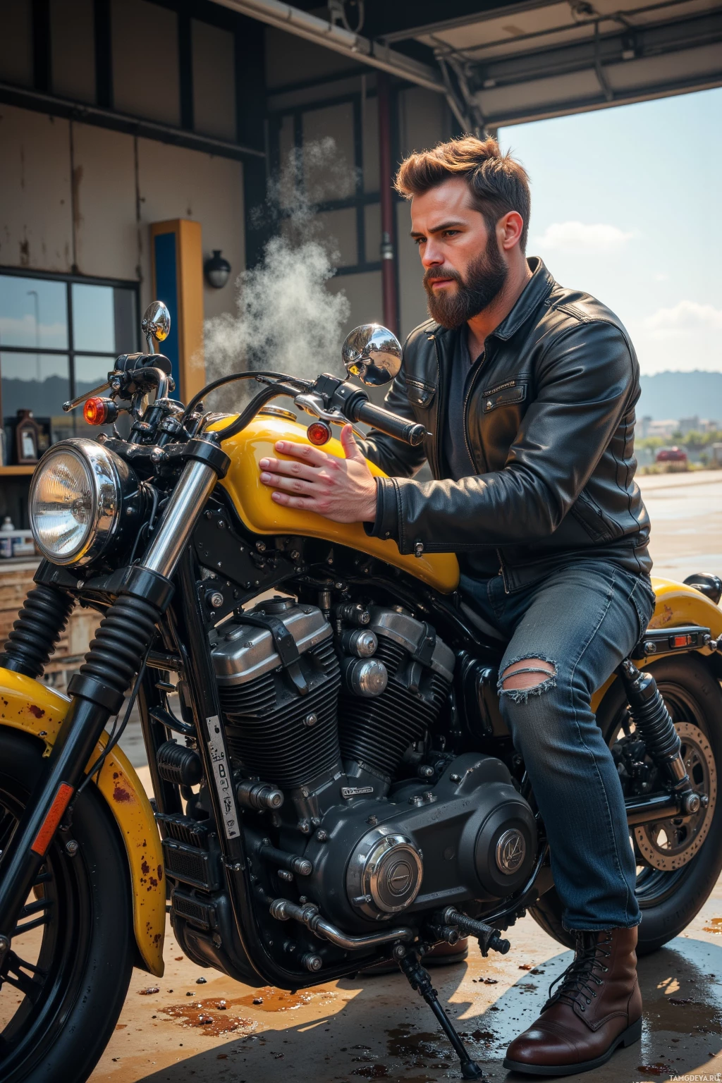 A man in a leather jacket sits on a yellow motorcycle in a garage.