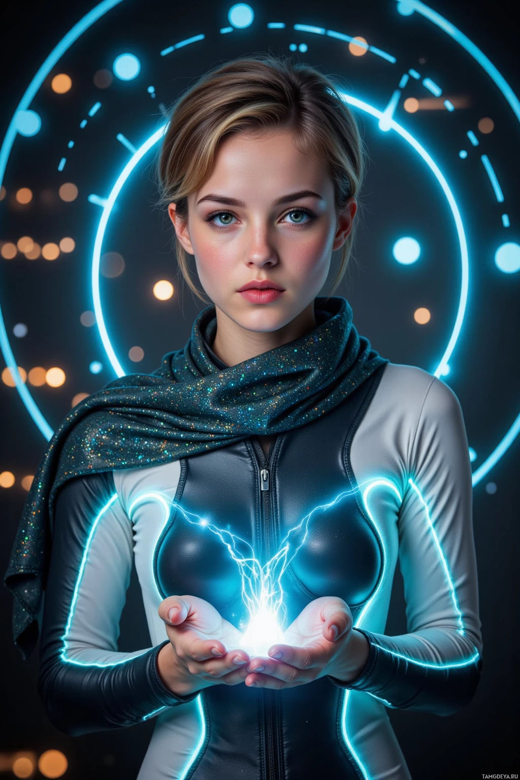 A person in futuristic attire holds glowing blue energy in their hands against a neon-lit background.