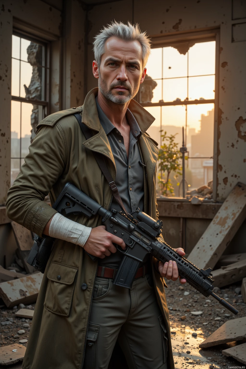 A man in a military-style outfit holds a rifle in a desolate, sunlit environment.