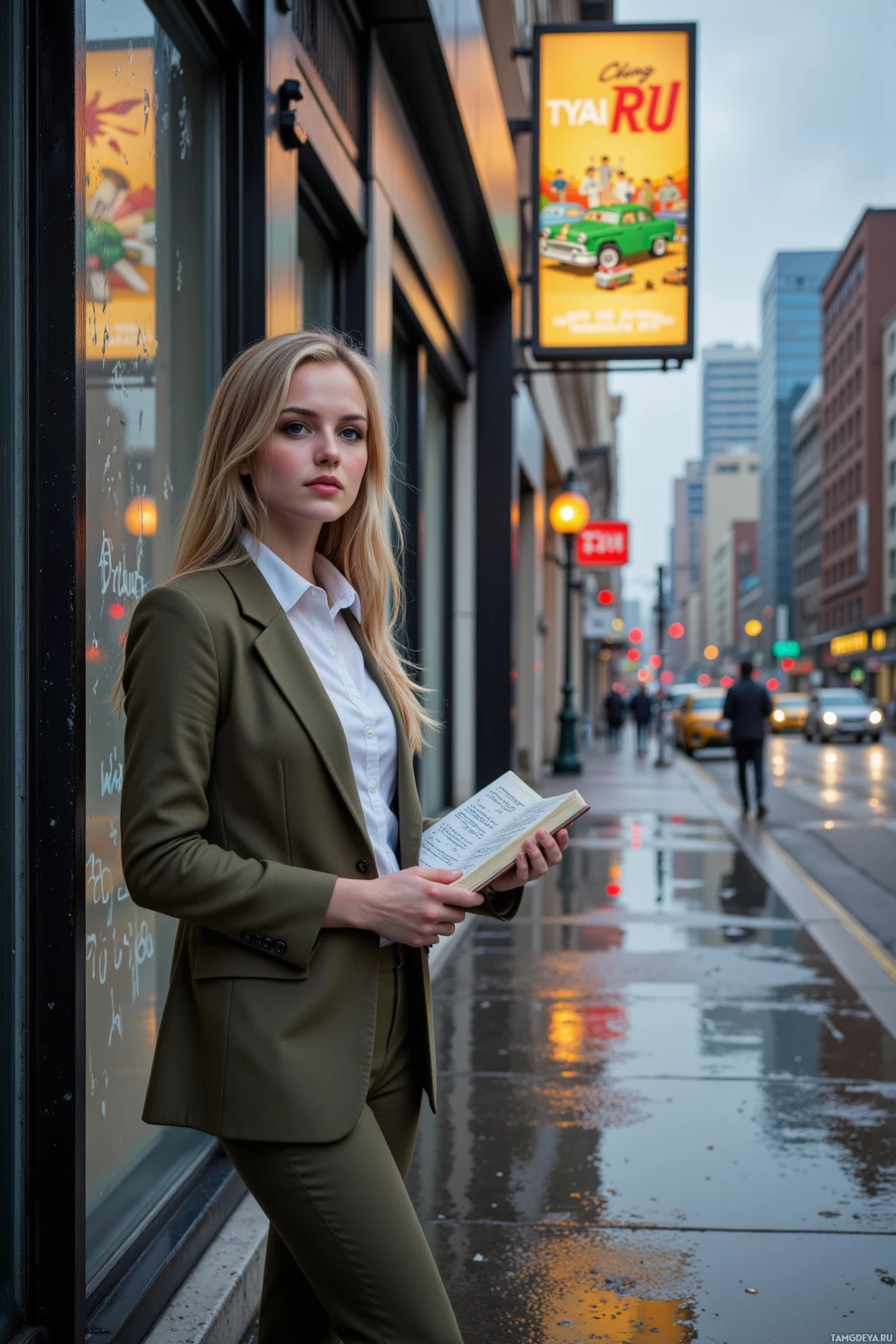 A woman in a business suit stands on a wet city street, holding an open book.