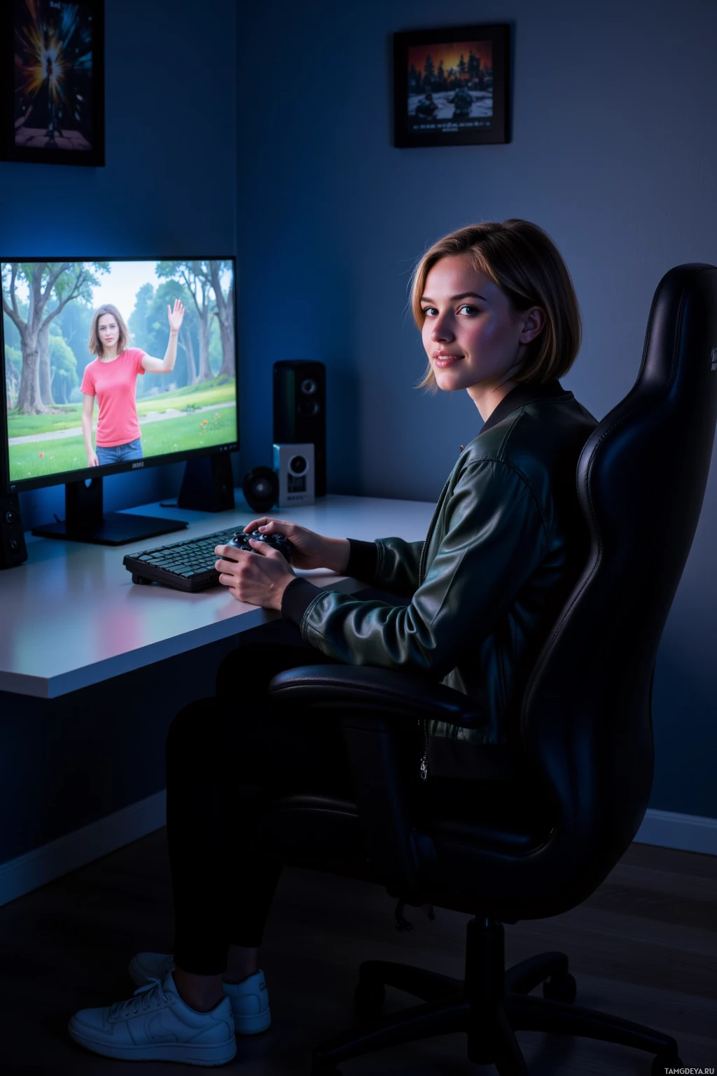 A person sits in a gaming chair at a desk, holding a controller, with a monitor displaying a scenic image in the background.