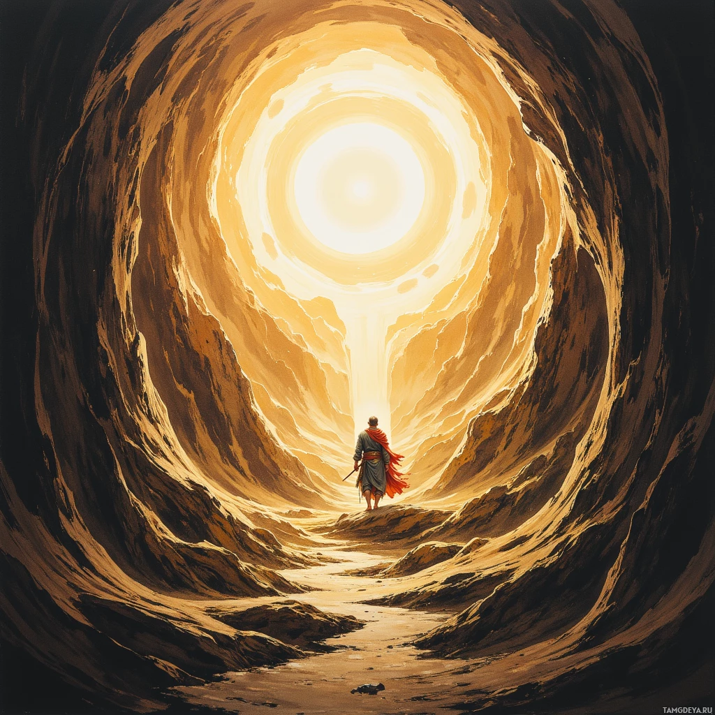 A lone figure stands at the entrance of a glowing, swirling tunnel.