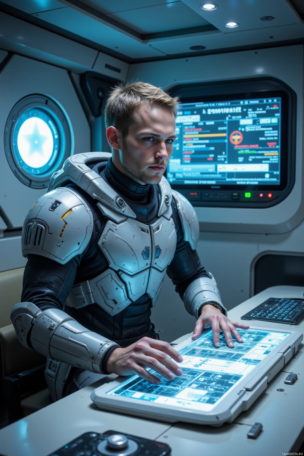 A person in futuristic armor operates a high-tech control panel in a spacecraft.
