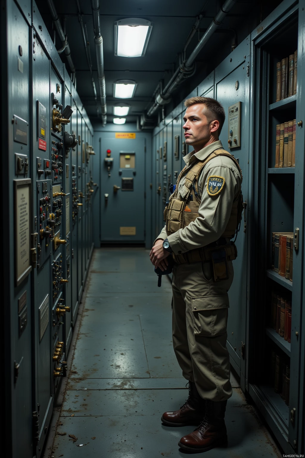 A soldier stands in a dimly lit corridor with control panels and bookshelves.