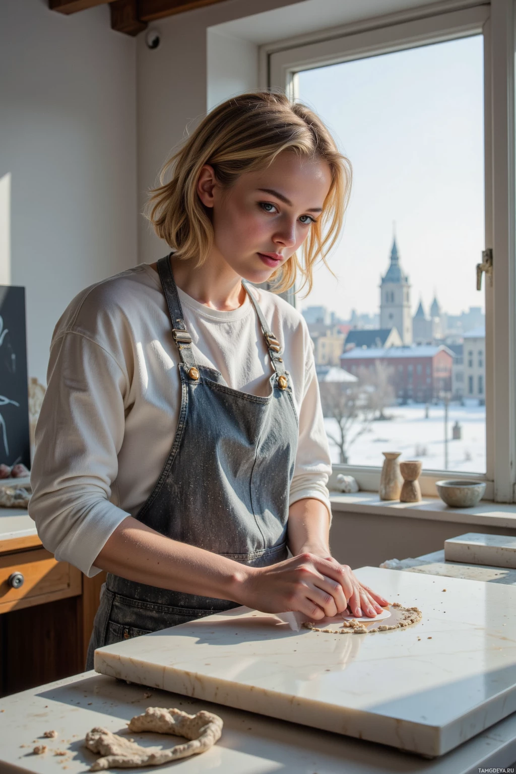 A person wearing an apron is working with clay on a table in a bright room with a cityscape view.