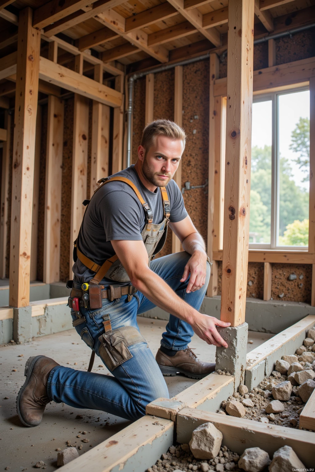 A construction worker kneels inside a building under construction, wearing a tool belt and jeans.