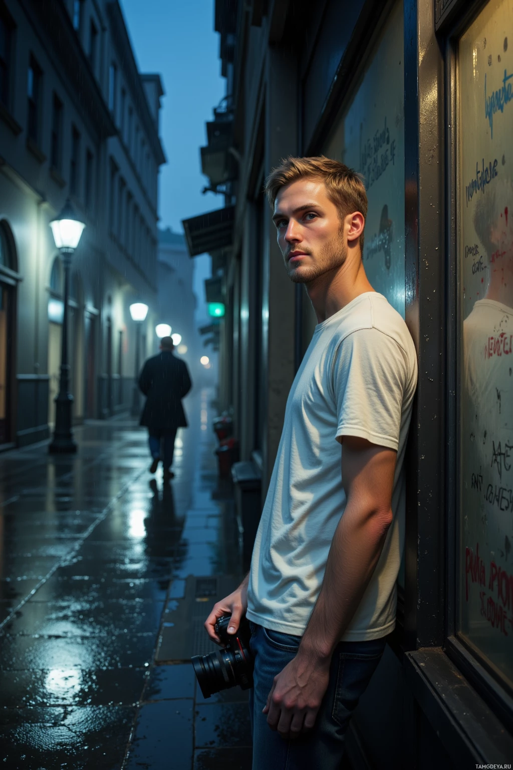A man stands in a rainy alleyway, holding a camera, with a person walking in the distance.