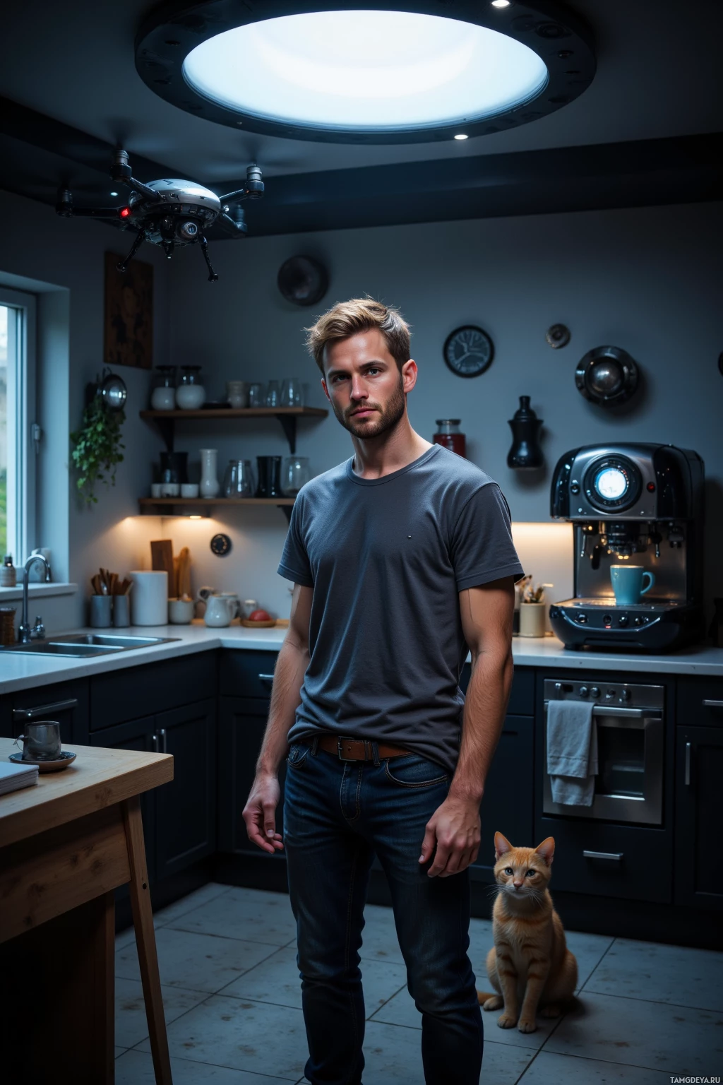 A man stands in a modern kitchen with a drone hovering above and a cat sitting on the floor.