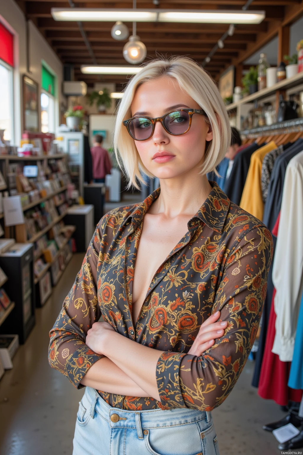 A person stands in a store with arms crossed, wearing a patterned blouse and jeans.