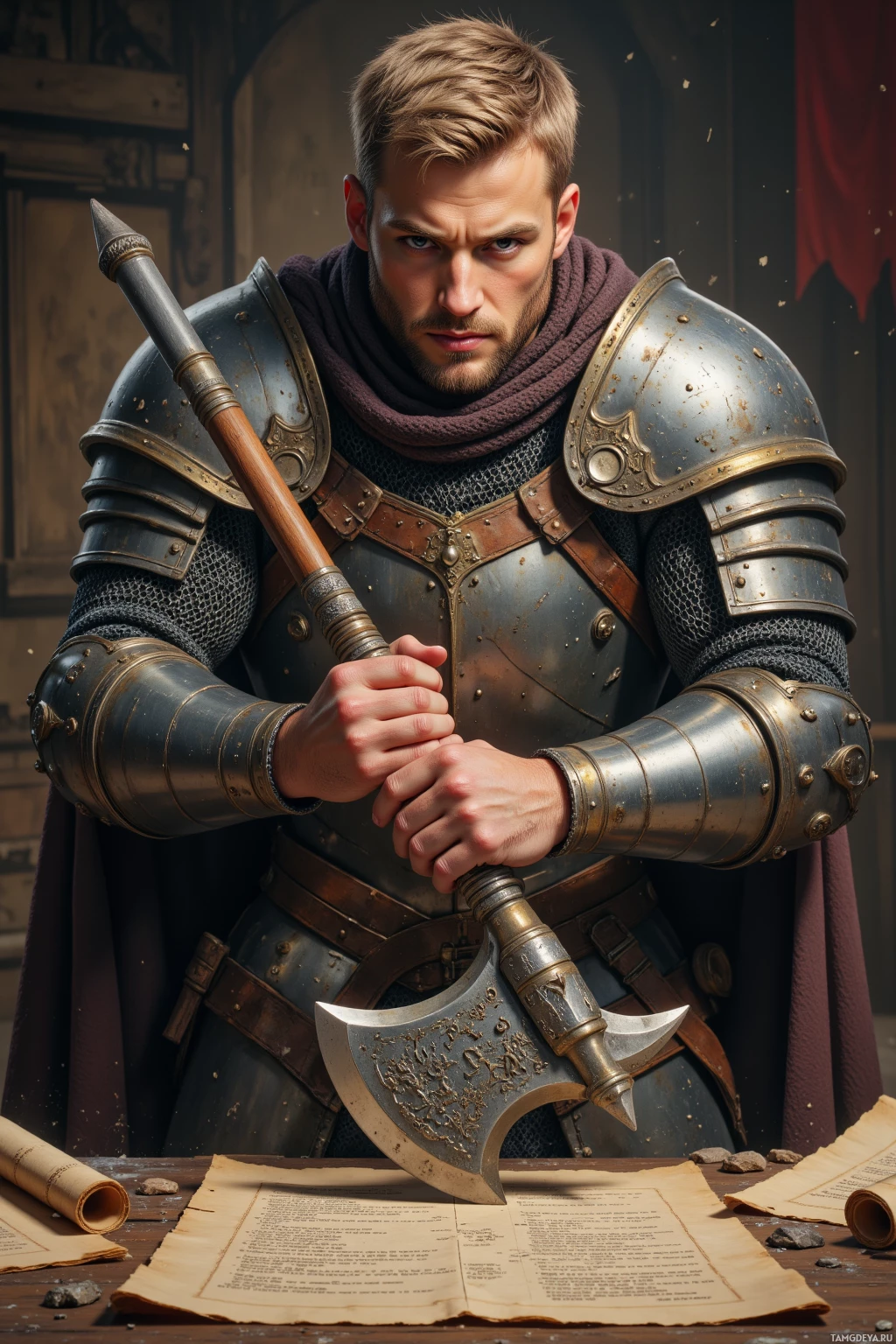 A knight in armor holds a large axe, standing beside a table with scrolls.
