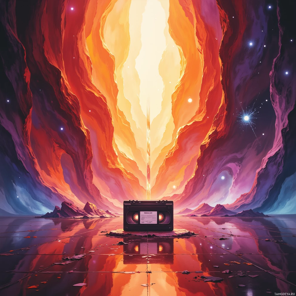 A surreal landscape featuring a glowing portal and a vintage VHS tape in the foreground.