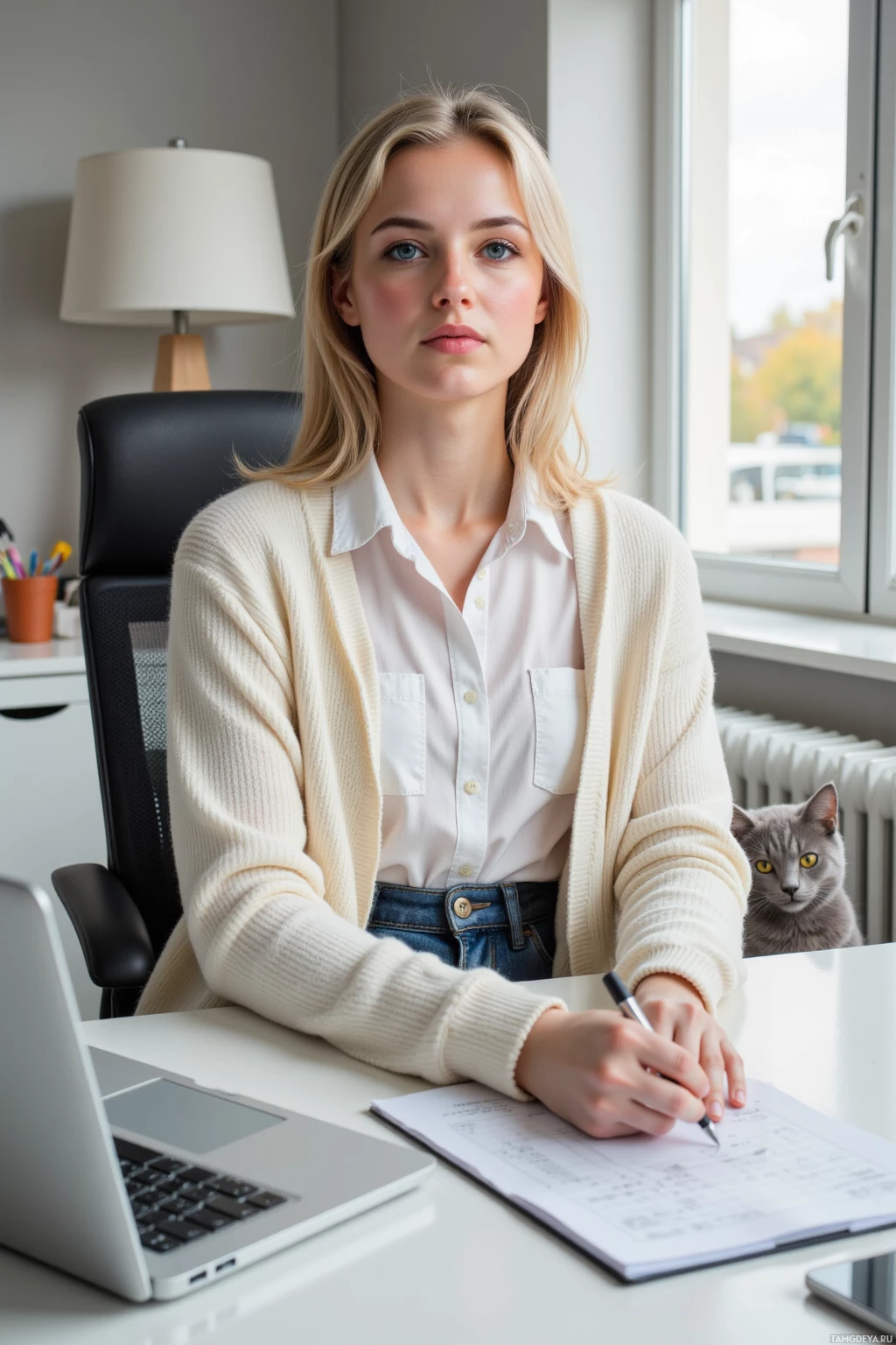 A woman sits at a desk with a laptop, writing in a notebook, with a cat nearby.