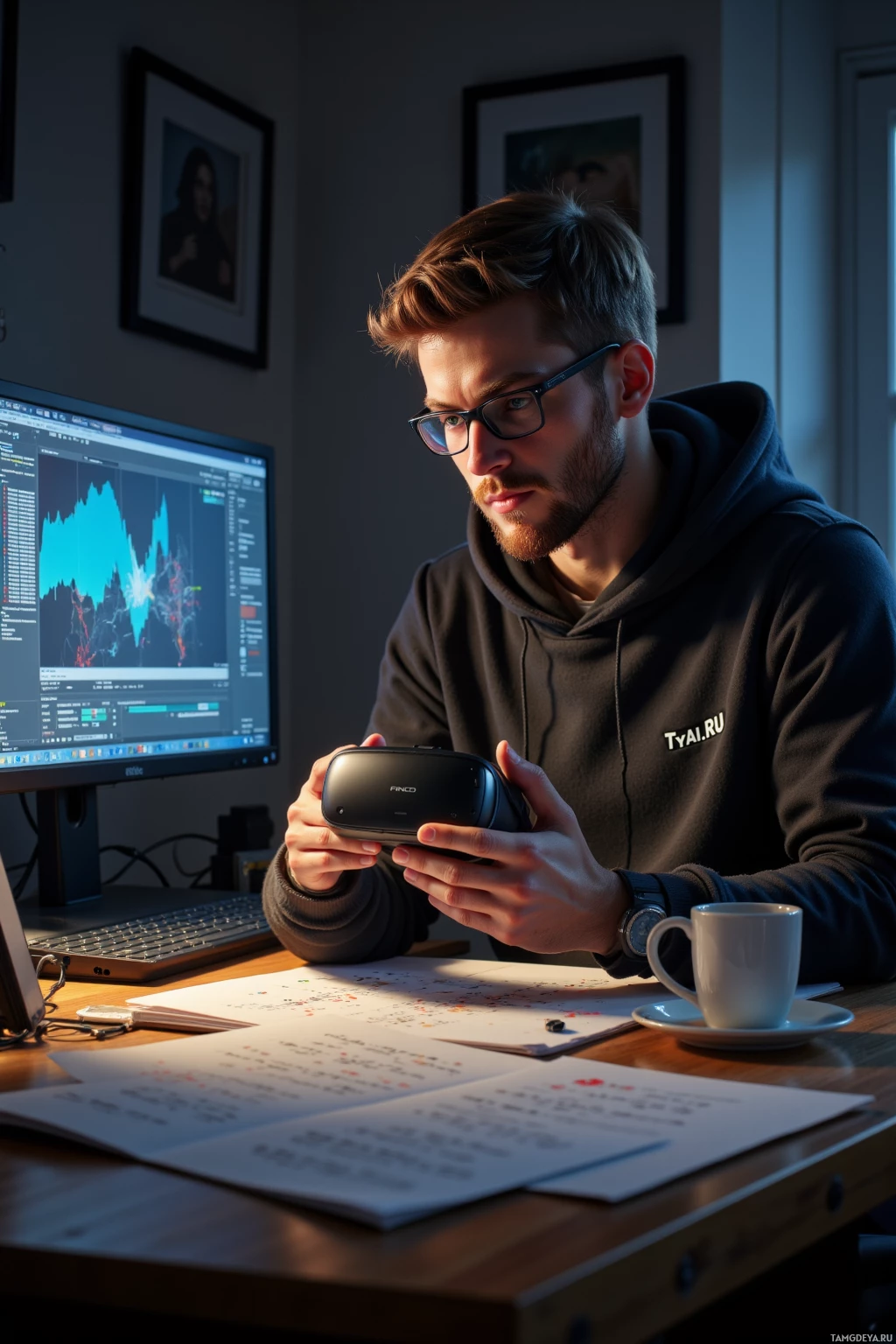 A person wearing glasses and a hoodie is sitting at a desk, holding a VR headset and looking at a computer screen displaying a graph.