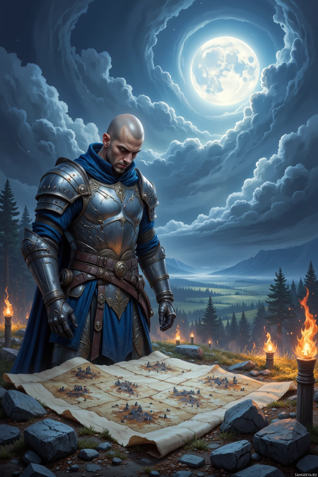 A knight in armor stands beside a map under a moonlit sky.
