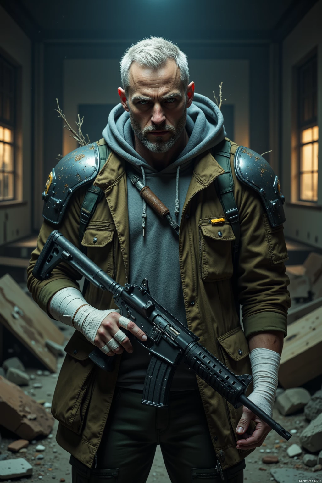A man in a military-style outfit holds a rifle, standing in a dimly lit, debris-filled room.