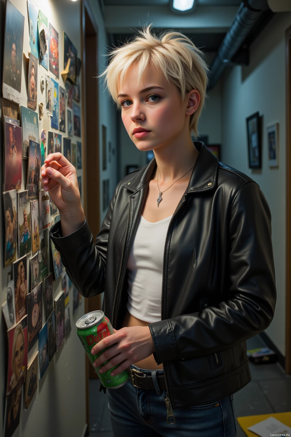 A person with short blonde hair wearing a black leather jacket and holding a green can stands in a hallway with a wall covered in posters.