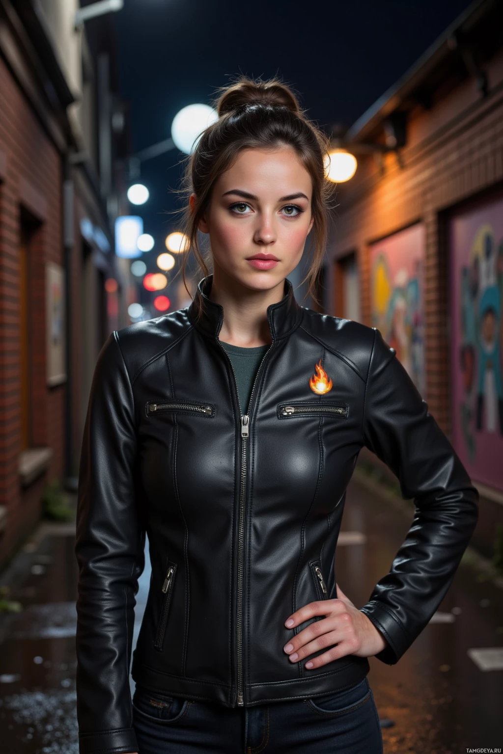 A woman stands on a street at night, wearing a black leather jacket with a flame emblem.