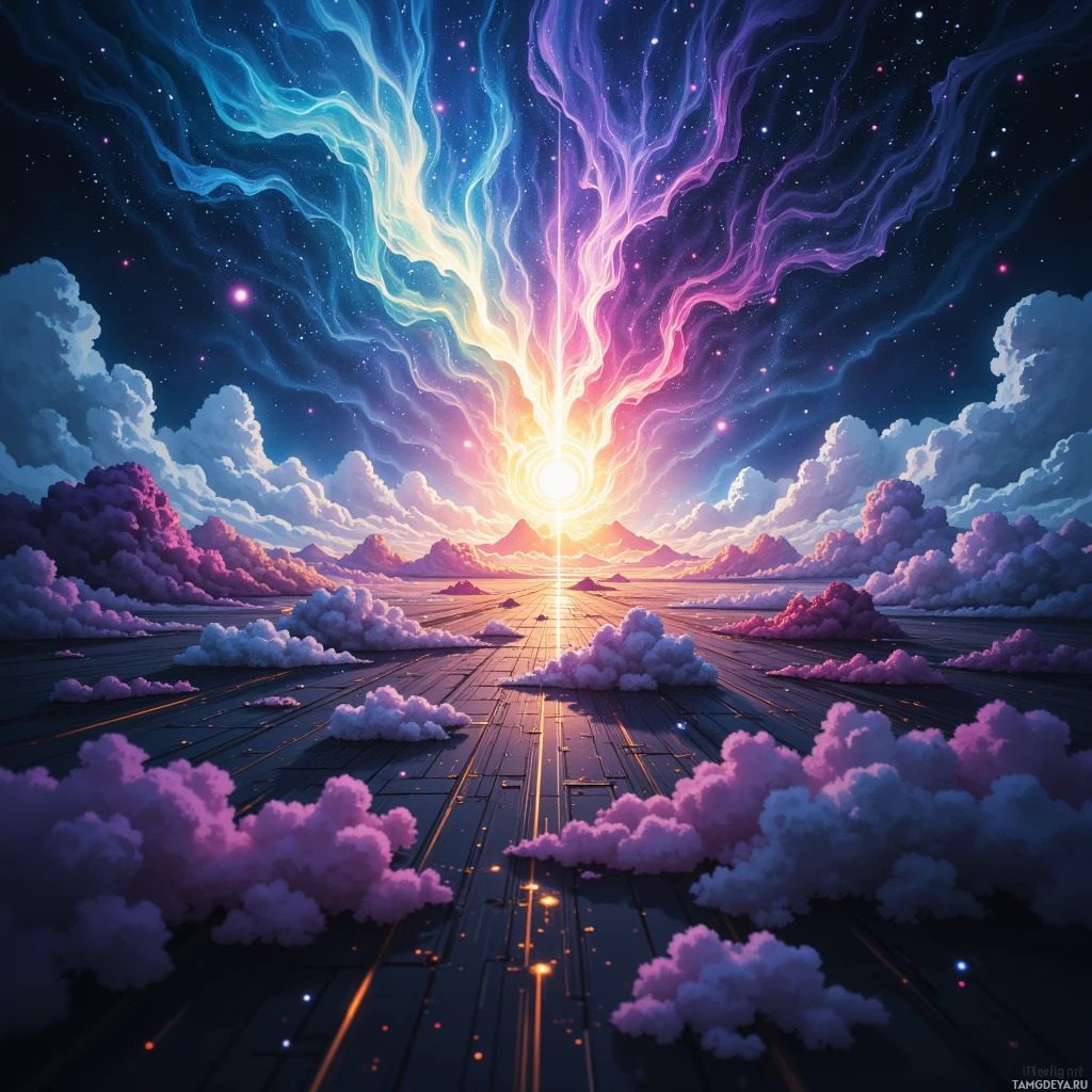 A vibrant, cosmic scene with a radiant sunburst, swirling clouds, and a starry night sky.