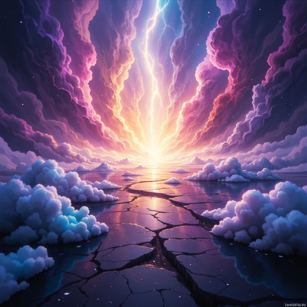 A vibrant, surreal landscape featuring a cracked, reflective surface beneath a dramatic sky filled with swirling clouds and a radiant light source.