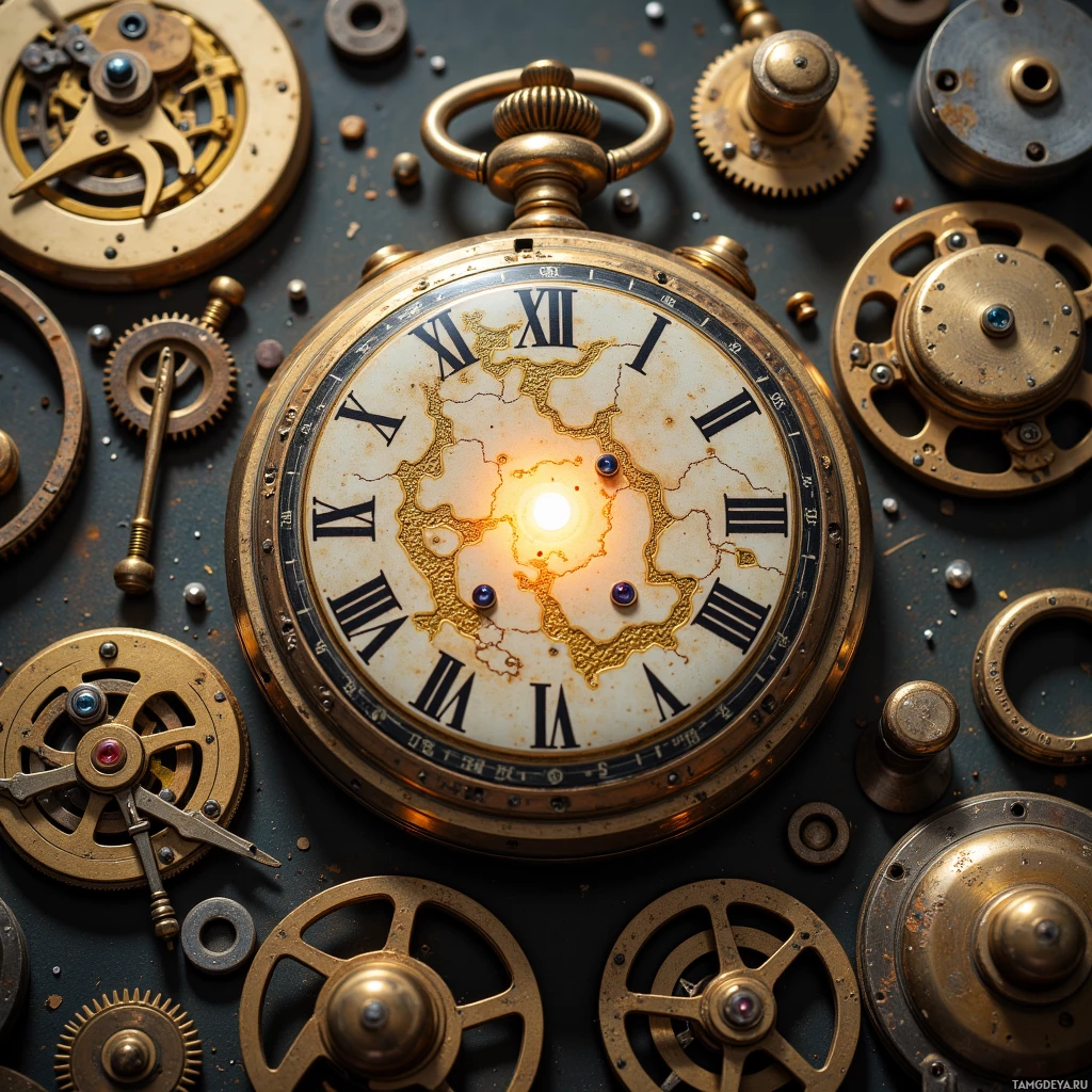 An antique pocket watch surrounded by various mechanical parts and gears.
