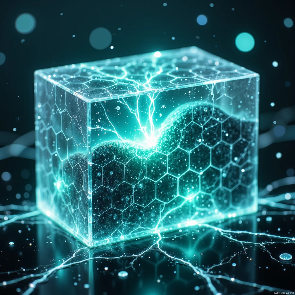 A glowing, transparent cube with a hexagonal pattern and a bright light source inside.