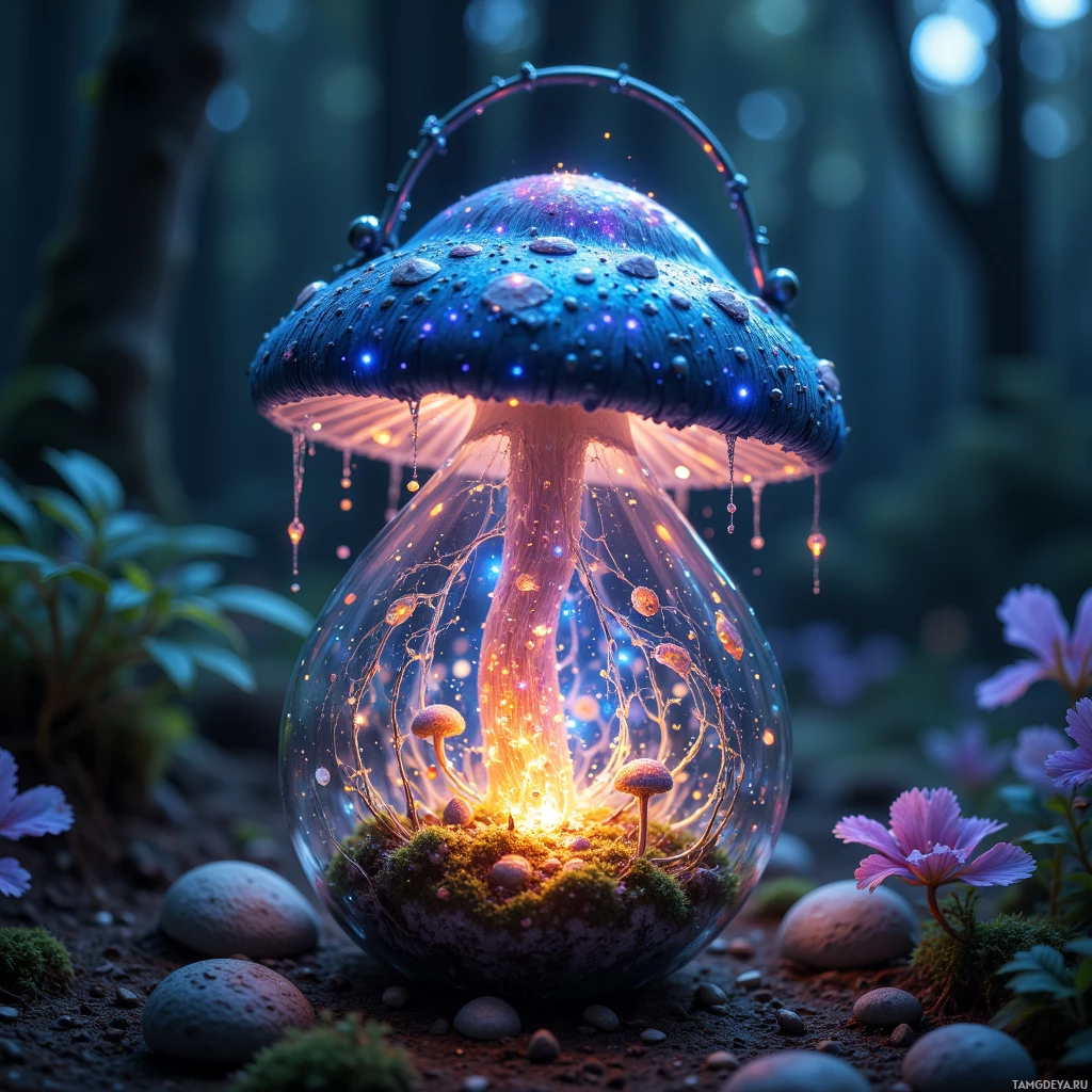 A glowing, magical mushroom with a glass sphere containing smaller mushrooms and glowing particles.