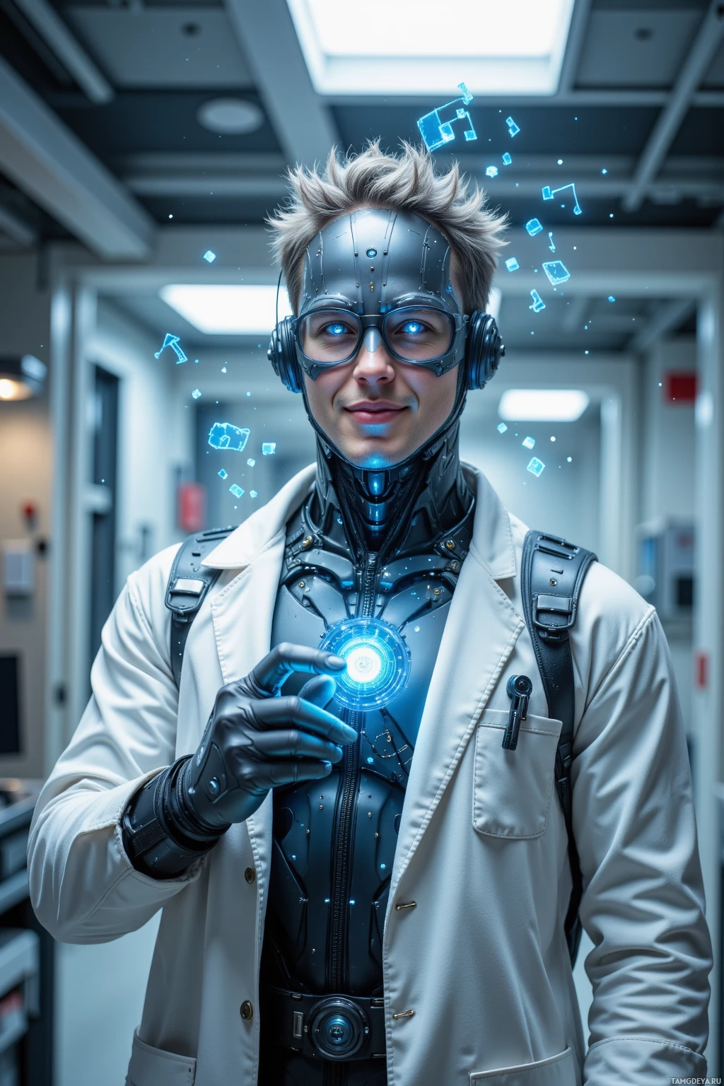 A person in a futuristic lab coat and high-tech gear stands in a hallway.