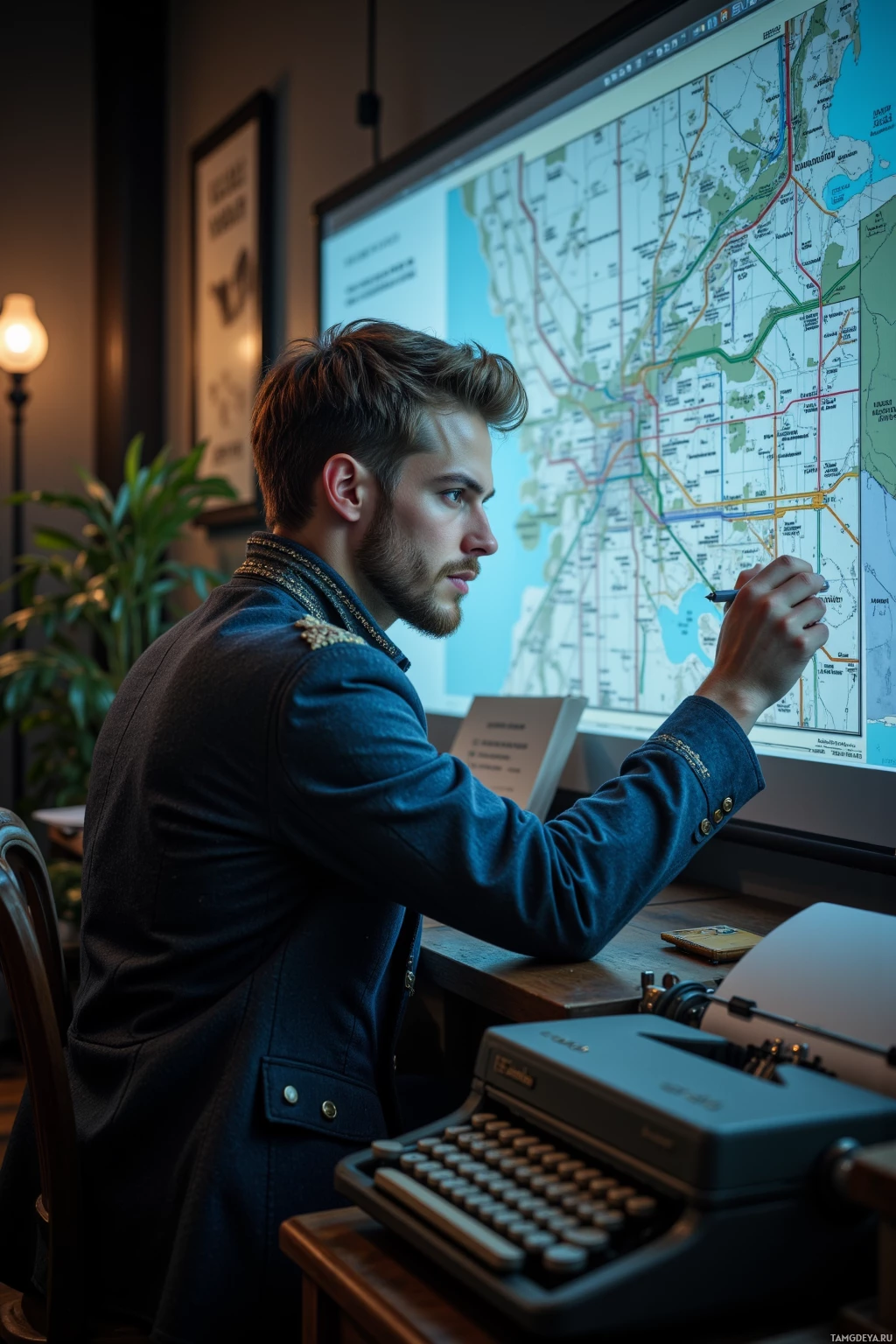 A man in a formal jacket works at a desk with a map displayed on a monitor and a typewriter nearby.