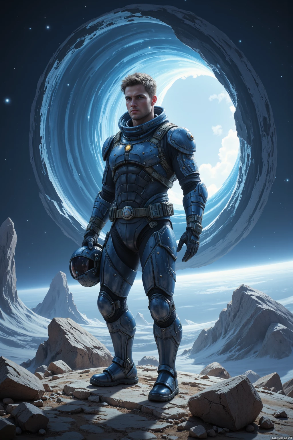 A futuristic astronaut stands on a rocky, alien landscape, holding a helmet, with a glowing, swirling portal in the background.
