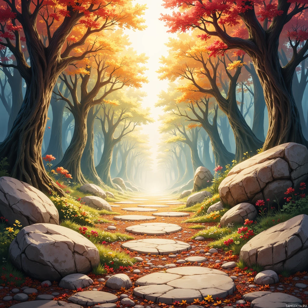 A serene forest path lined with autumn-colored trees and vibrant flowers, leading towards a bright light at the end.