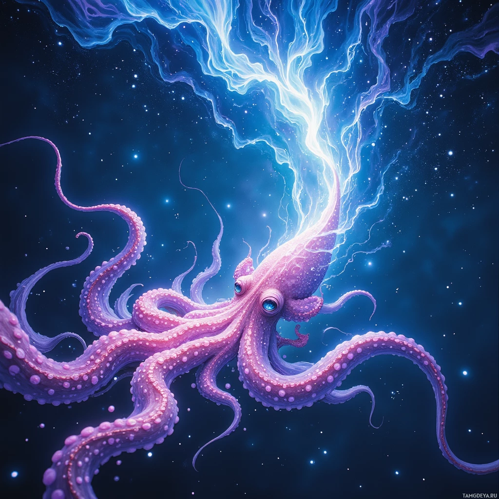 A vibrant, cosmic octopus with glowing tentacles and eyes against a starry background.