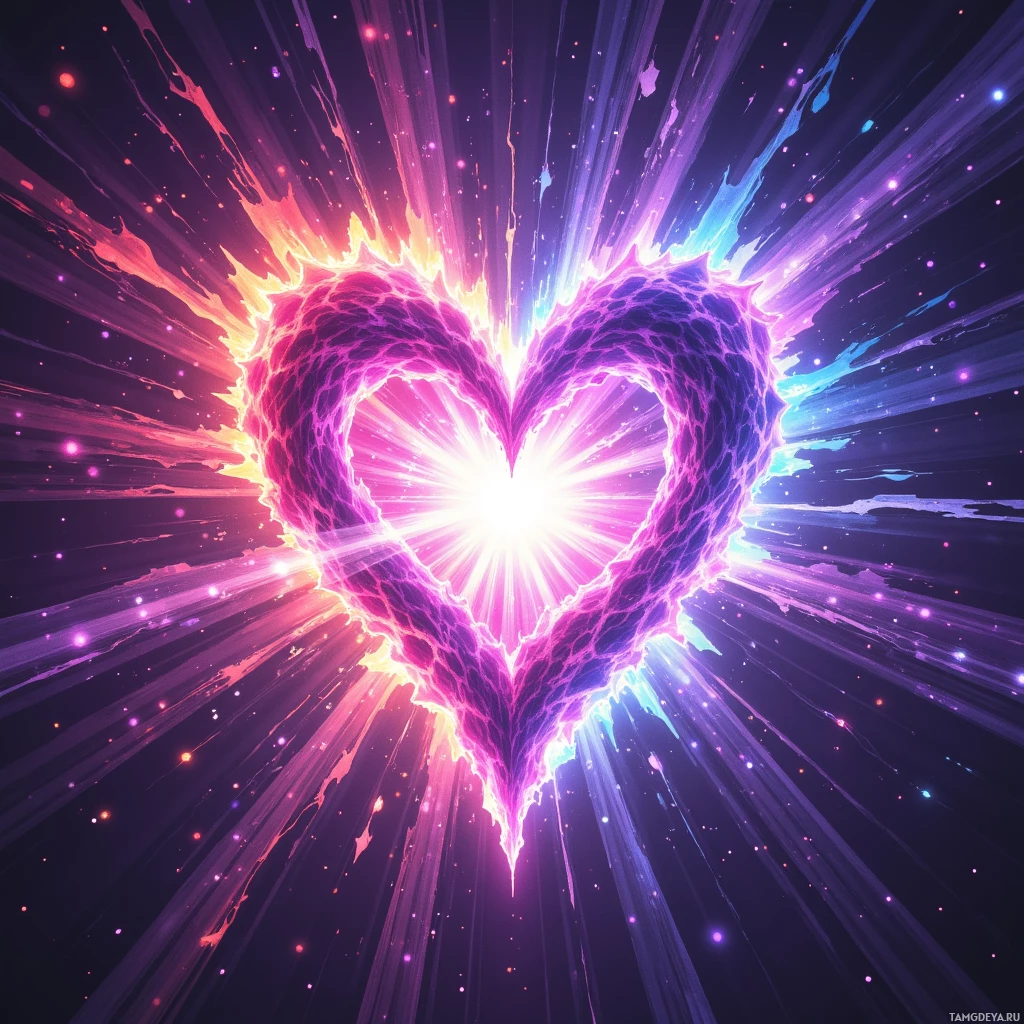 A vibrant, glowing heart with radiant beams and sparkles against a dark background.