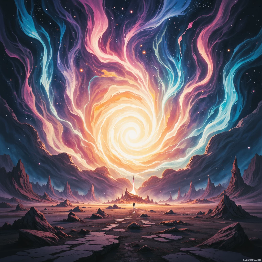 A surreal landscape featuring a swirling vortex in the sky and rugged, alien terrain below.