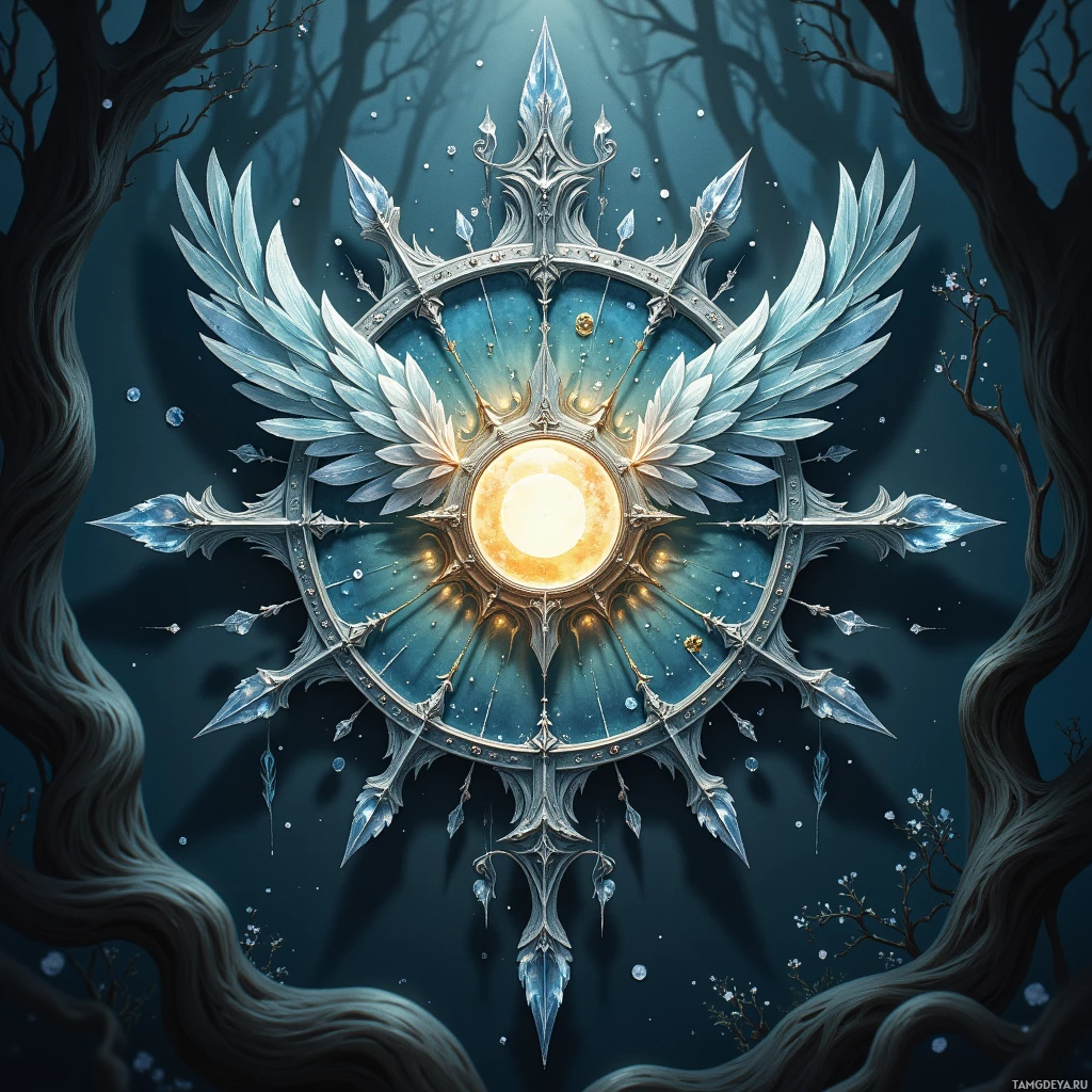 A fantastical, ethereal emblem with wings and a glowing center, set against a dark, forested background.