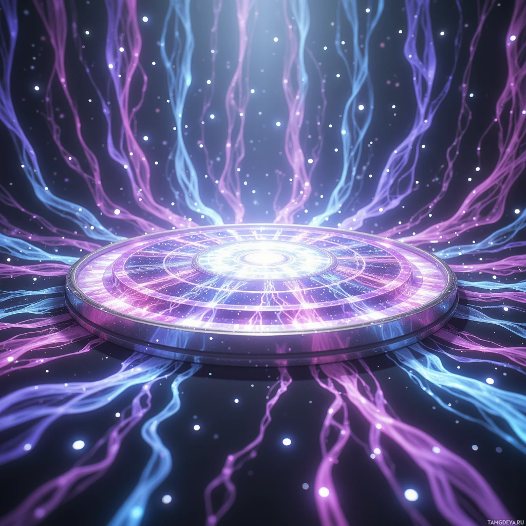 A glowing, circular platform with radiant energy streams and particles in a cosmic setting.