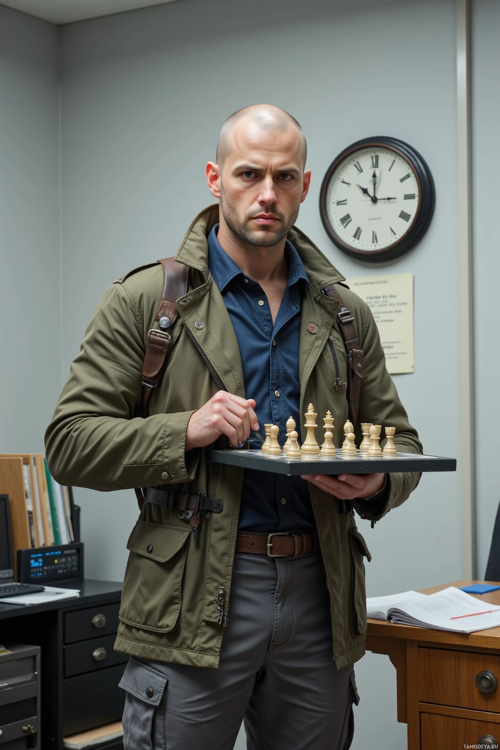 A man in a green jacket holds a chessboard in an office setting.