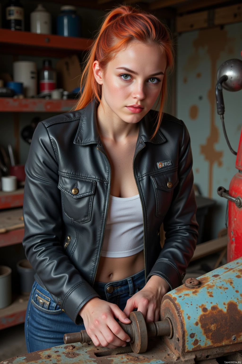 A person in a leather jacket and jeans stands in a workshop setting.