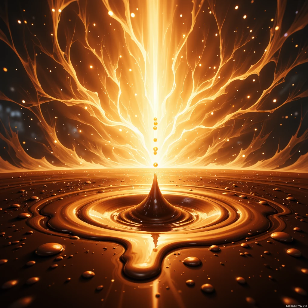 A glowing, radiant light source emitting streams of energy and particles, reflected in a dark, glossy surface.