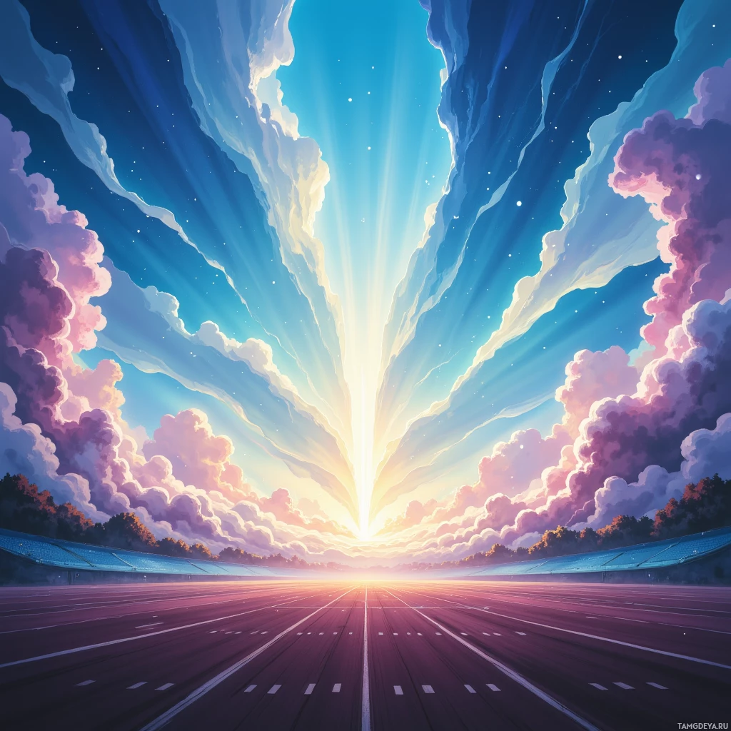 A vibrant sky with radiant beams of light and fluffy clouds over a road.