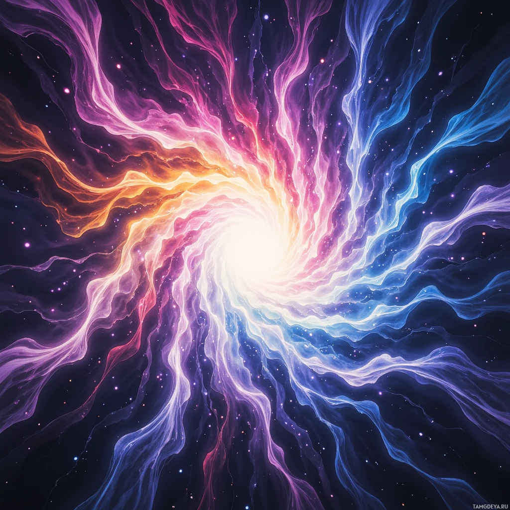 A vibrant cosmic swirl with swirling colors and star-like specks against a dark background.