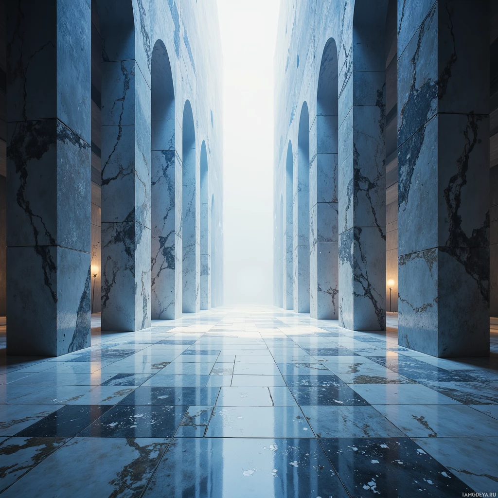 A grand marble corridor with arched columns and a bright light at the end.