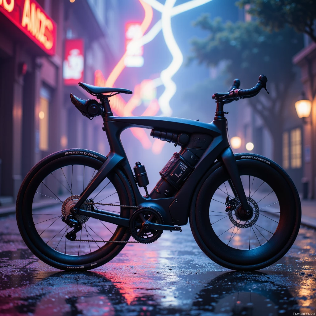 A sleek, futuristic bicycle is parked on a wet street at night, illuminated by neon lights.