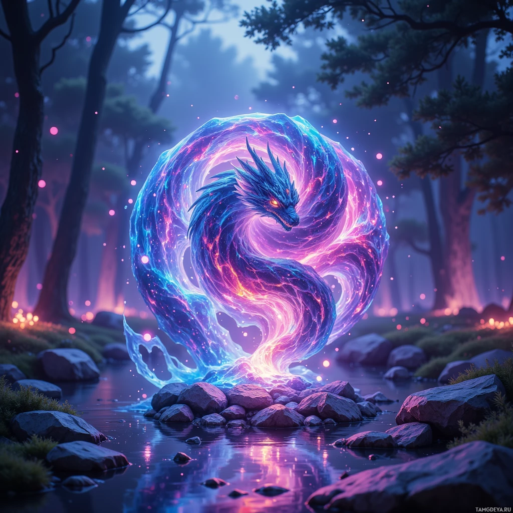 A glowing, ethereal dragon emerges from a forest stream, surrounded by vibrant purple and blue hues.