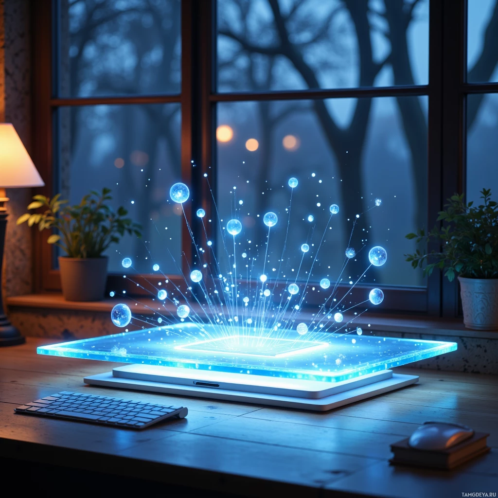 A futuristic laptop with glowing blue energy emanating from its screen sits on a desk by a window with a view of a forest.