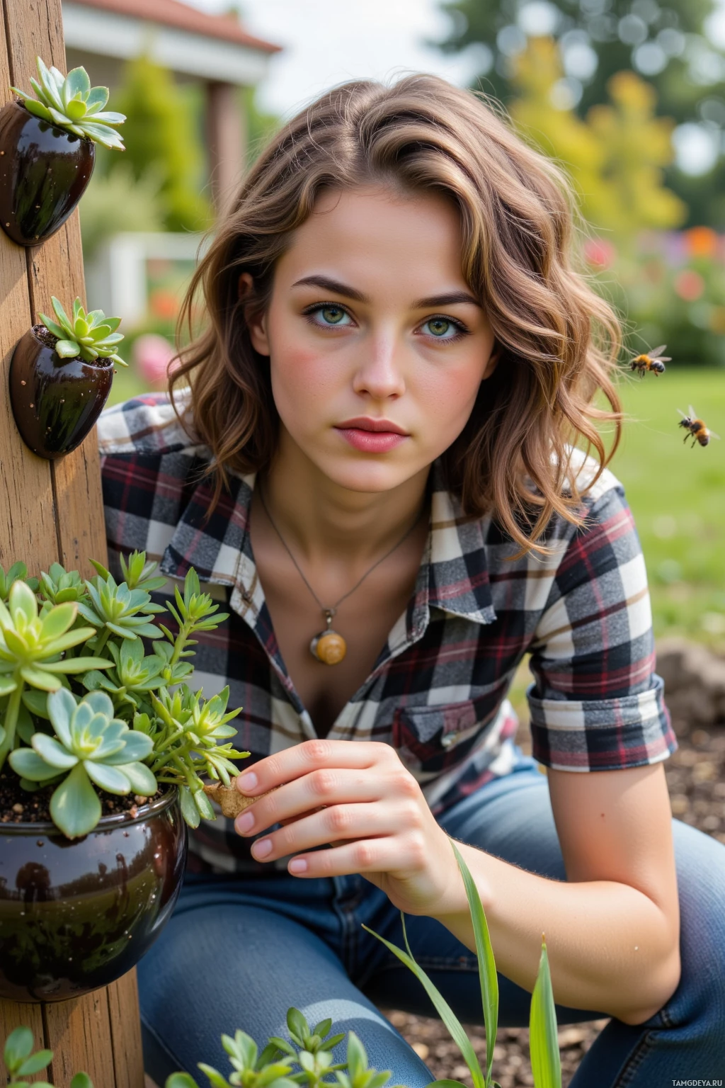 A young woman in a plaid shirt and jeans is crouching near a potted plant in a garden.