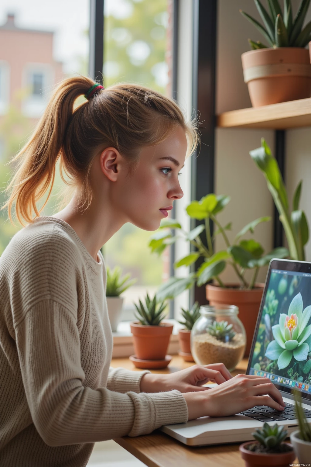 A woman is working on a laptop in a cozy indoor setting with plants.