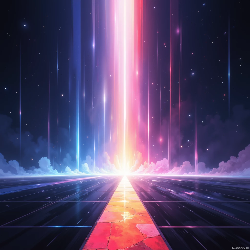 A vibrant, cosmic scene with glowing vertical beams of light converging towards a bright horizon against a starry night sky.