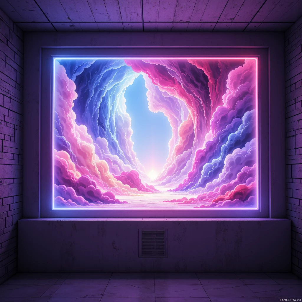 A vibrant, abstract cloud formation framed by neon lights in a dimly lit room.